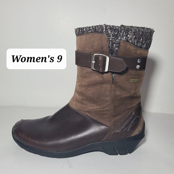 Merrell Donatella Brown Leather Waterproof Side-Zipper Mid-Calf Women's Boot 9 - Picture 1 of 8